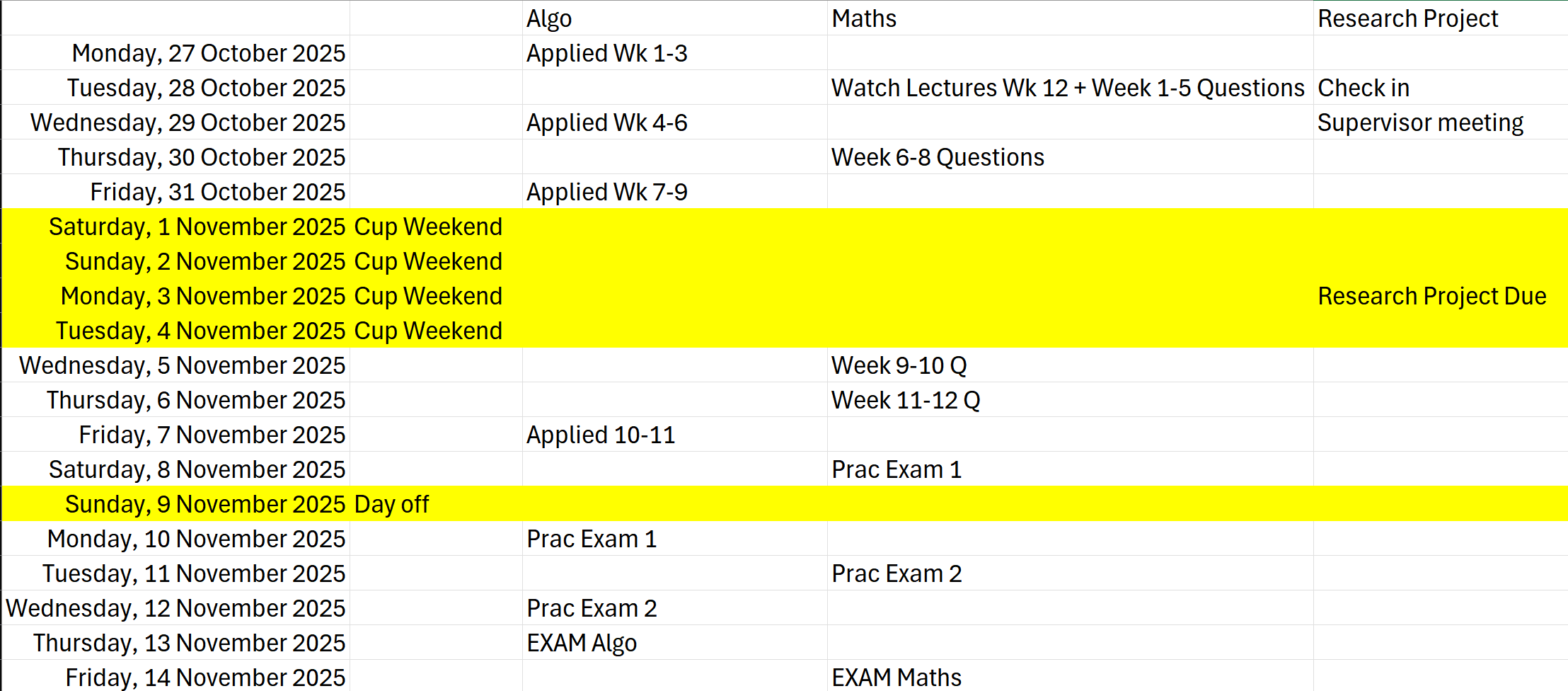 My study plan in Excel